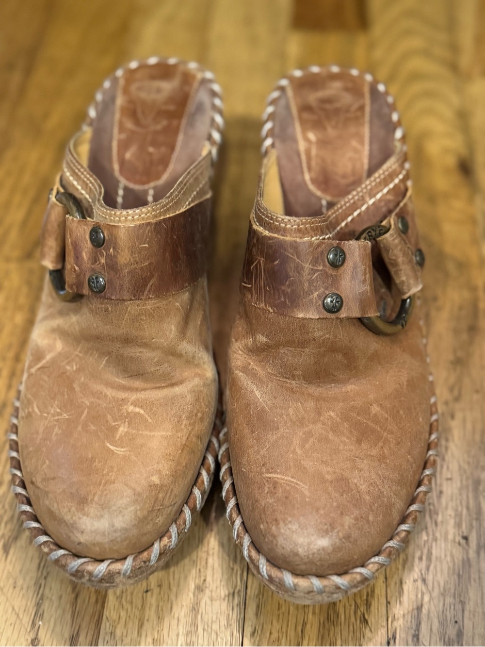 Size 7.5 Vintage Frye Brown Leather Buckled Clogs